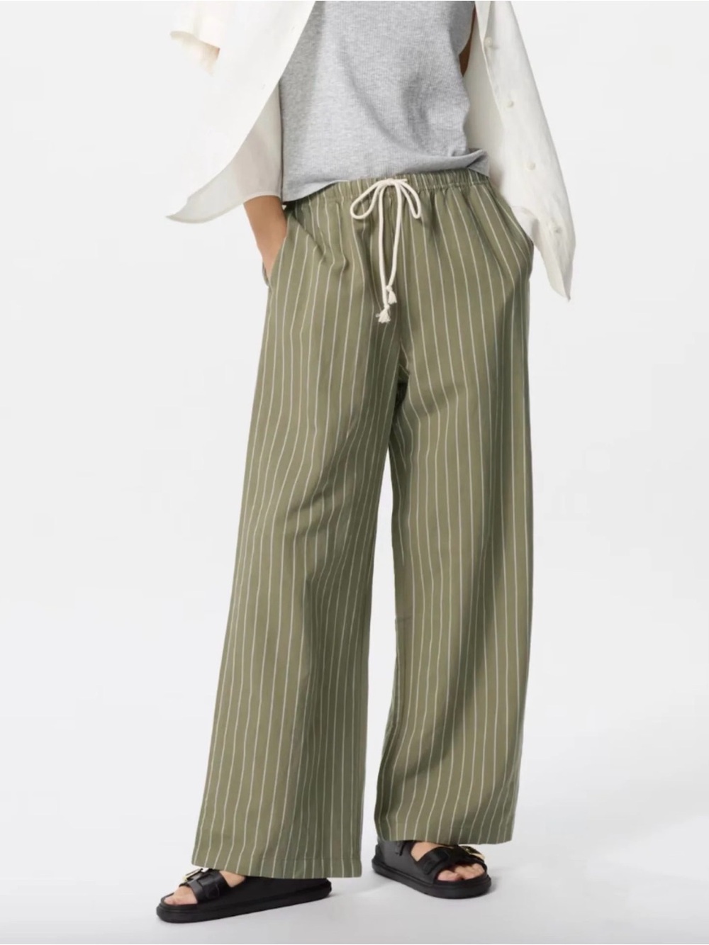 UNIQLO Linen Blend Easy Pants Striped Olive Green Wide Leg Size S